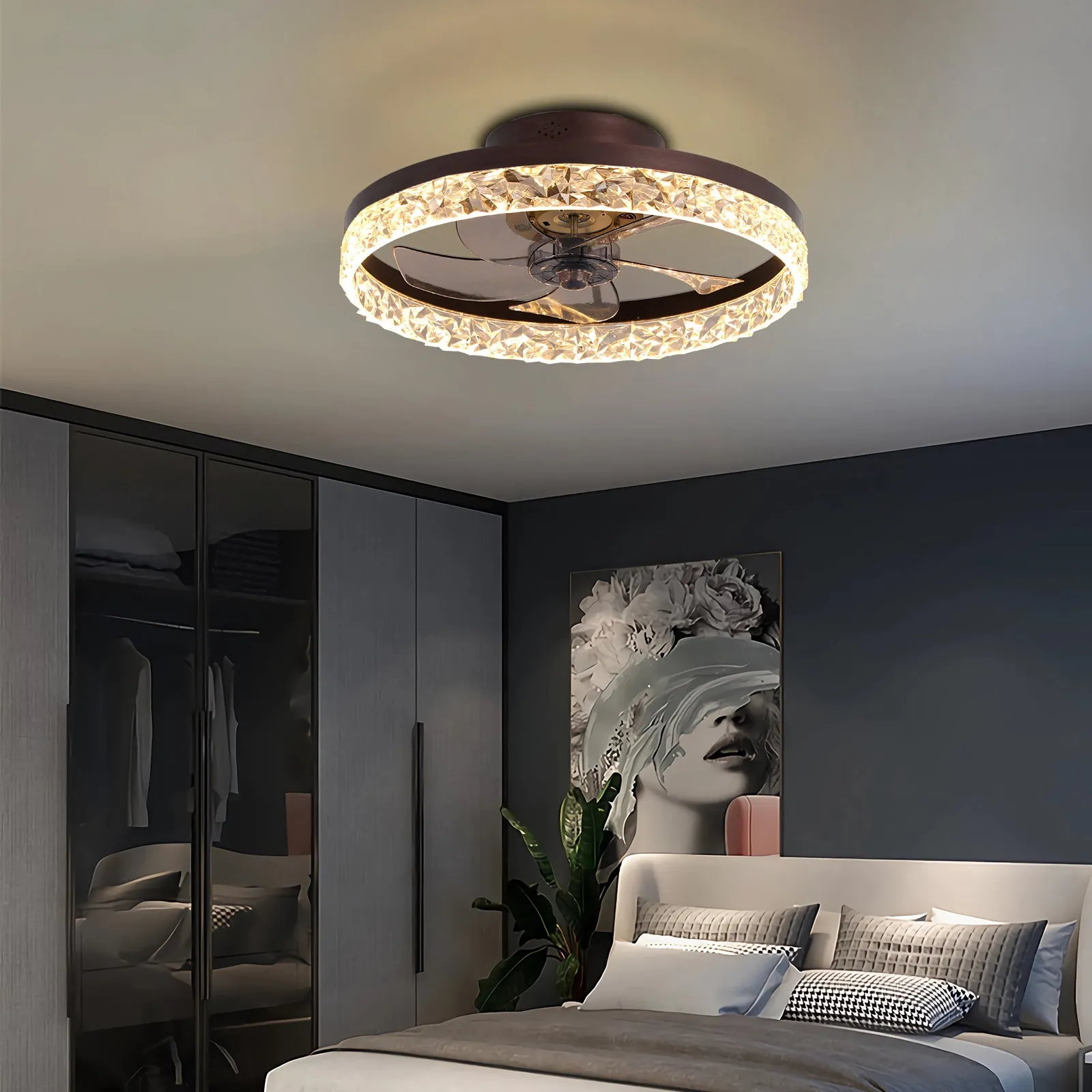 19.7" Simple LED Ring Ceiling Light Luxury Crystal Ceiling Light Brown Fan Light