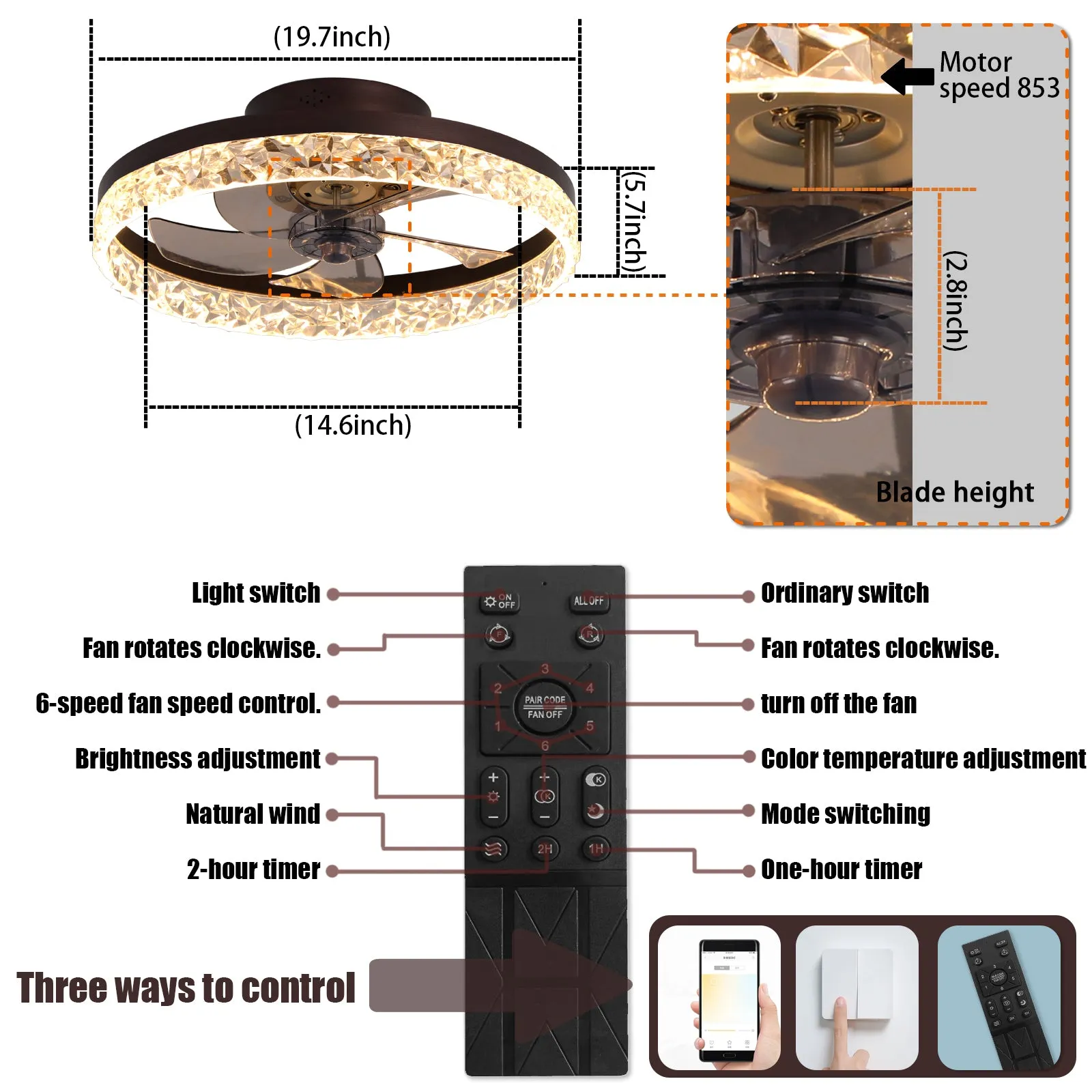 19.7" Simple LED Ring Ceiling Light Luxury Crystal Ceiling Light Brown Fan Light