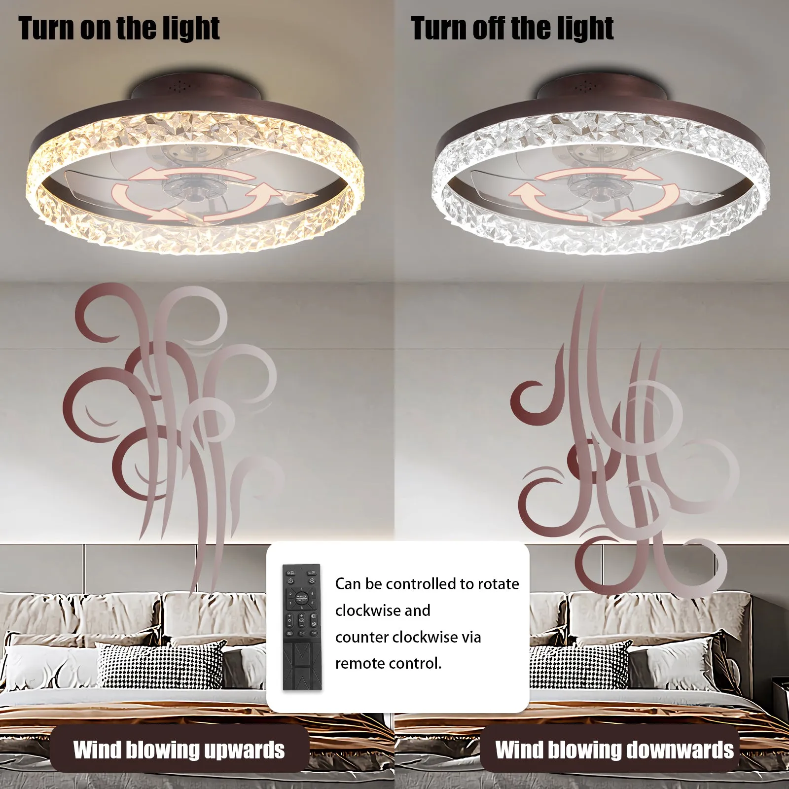 19.7" Simple LED Ring Ceiling Light Luxury Crystal Ceiling Light Brown Fan Light