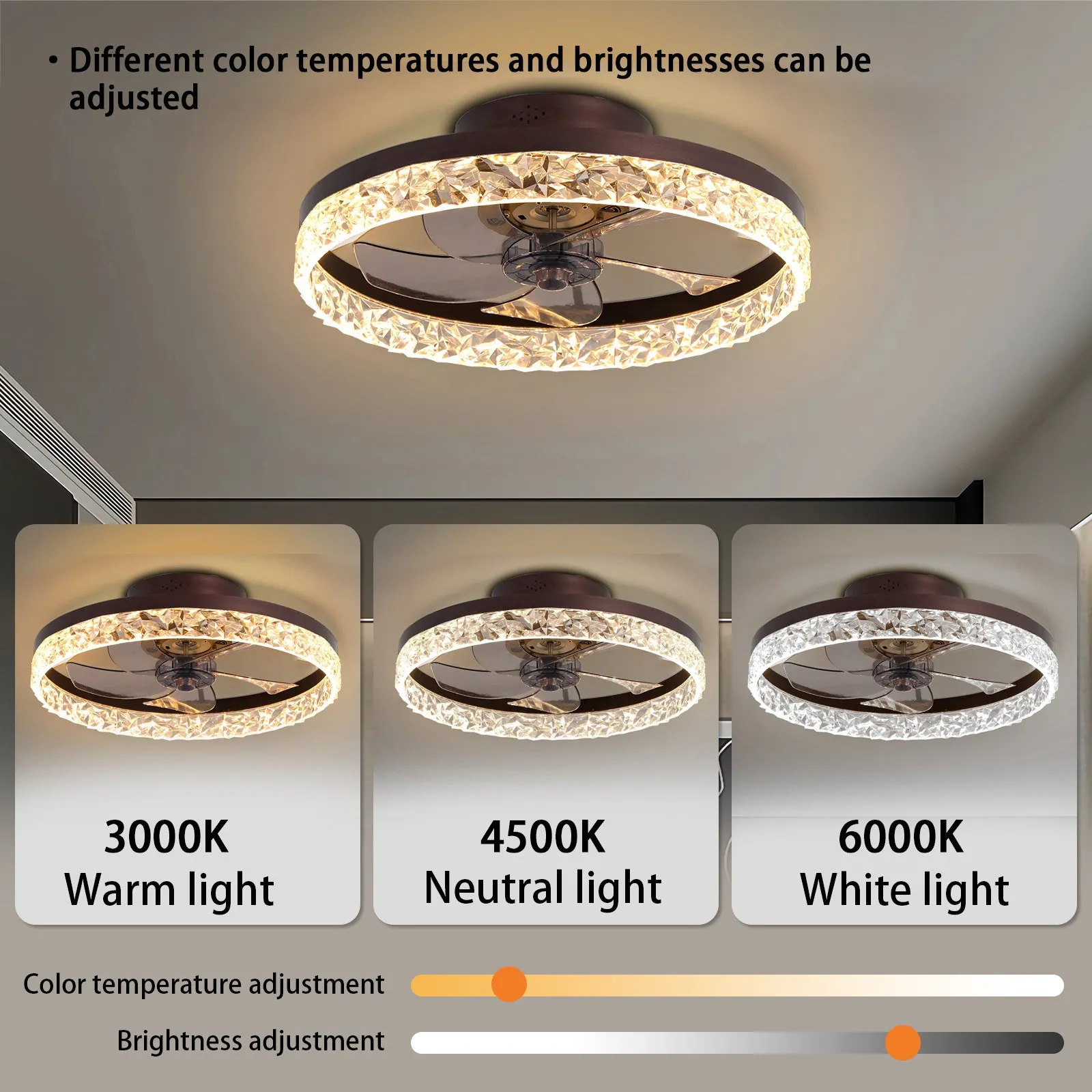 19.7" Simple LED Ring Ceiling Light Luxury Crystal Ceiling Light Brown Fan Light