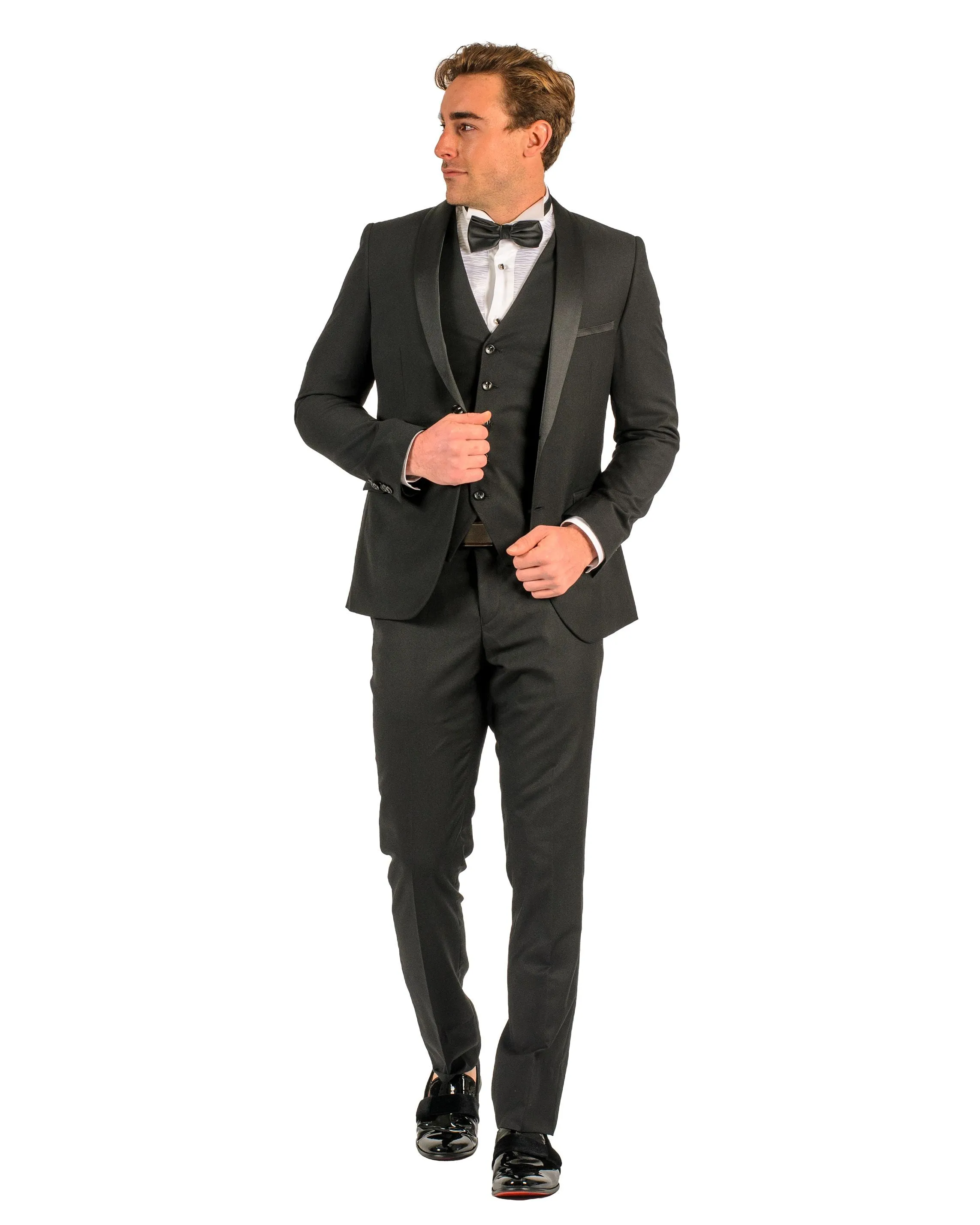 2 Button Black Slim Fit Suit with Shawl Lapel FF2SSX V-1230