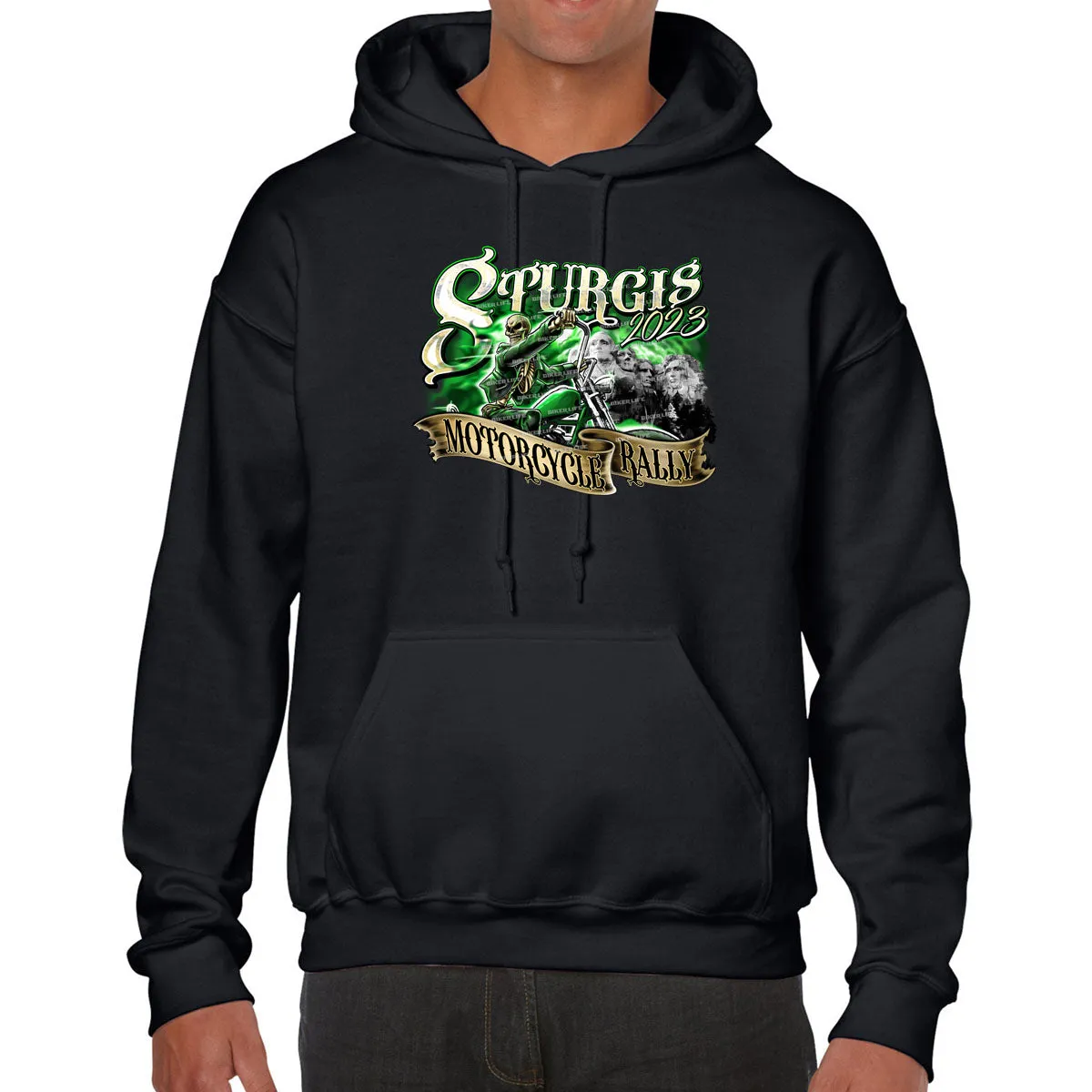 2023 Sturgis Motorcycle Rally Green Skeleton Rider Pull-Over Hoodie