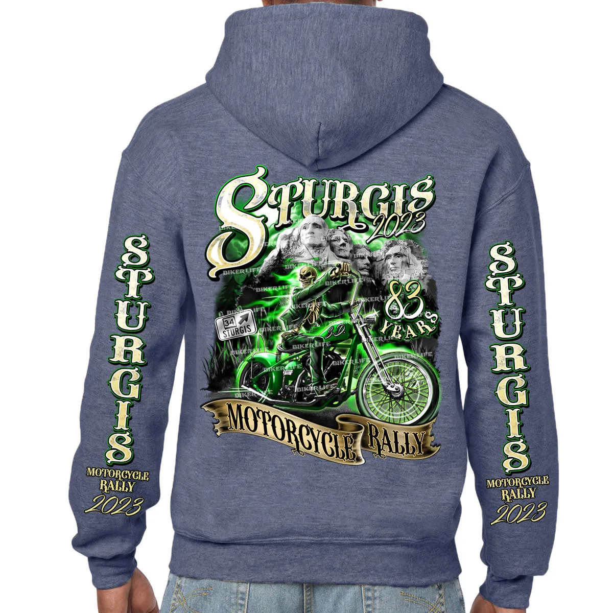 2023 Sturgis Motorcycle Rally Green Skeleton Rider Pull-Over Hoodie