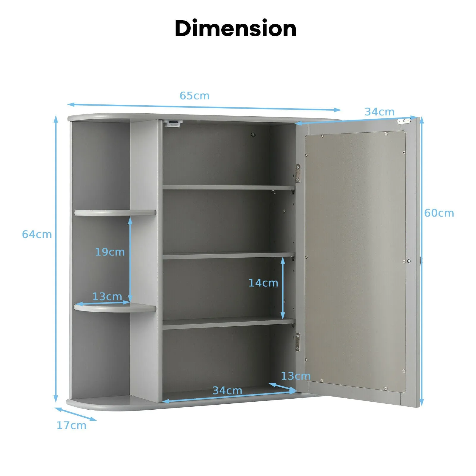 3-Tier Mirrored Wall Mounted Bathroom Cabinet-Grey