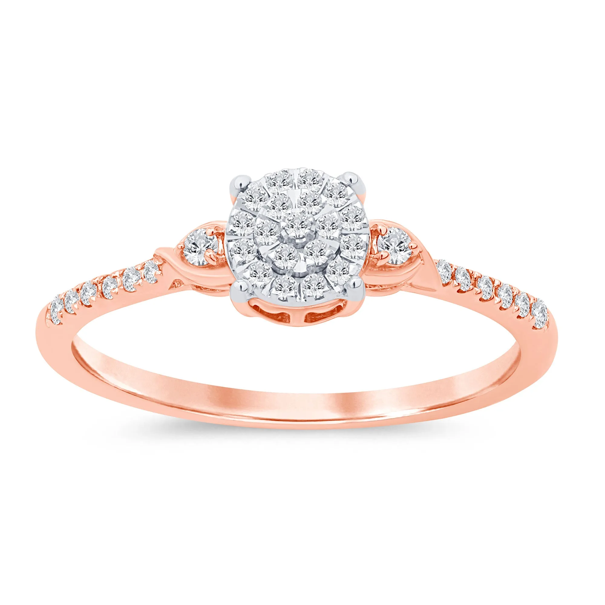 9ct Rose Gold Round Brilliant Cut 0.15 Carat tw Rhodium Plated Diamond Dress Ring