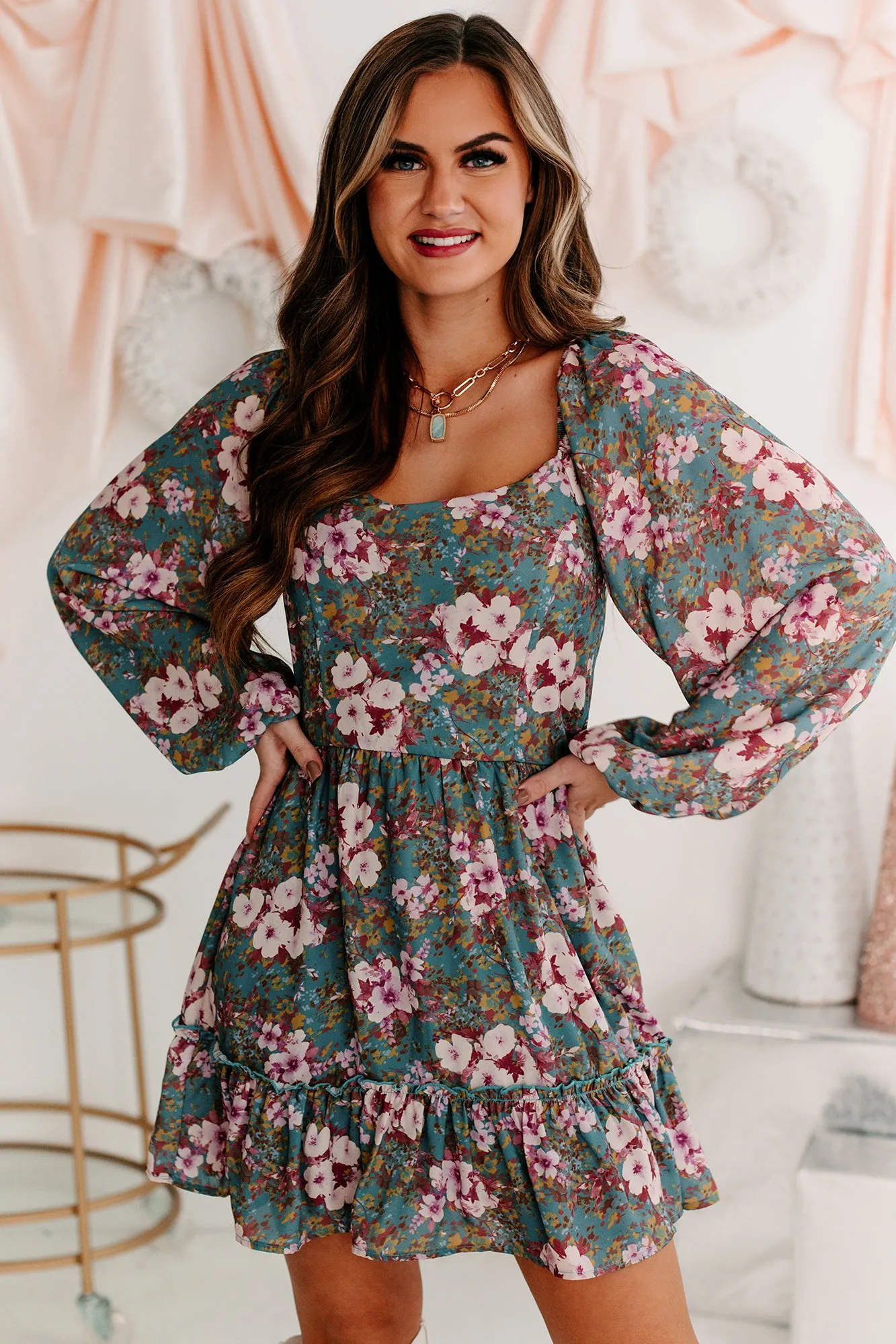 A Graceful Touch Floral Square Neck Dress (Teal/Plum)