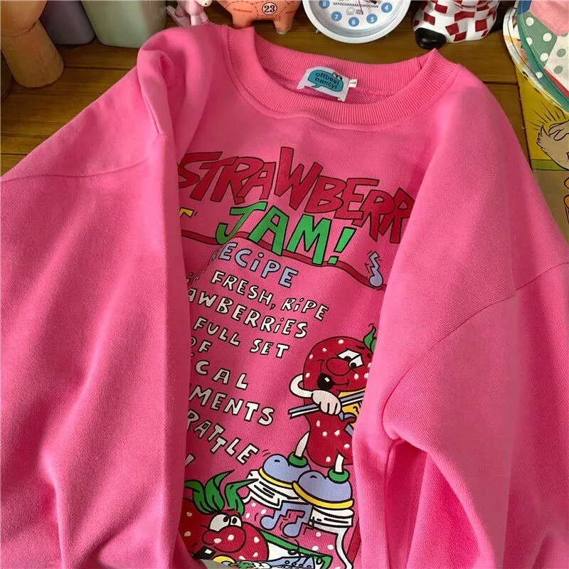 Amozae Harajuku Oversized Strawberry Print Hoodie Women O Neck Loose Vintage Clothes Top Streetwear Sweatshirts Graphic Cute Pullover