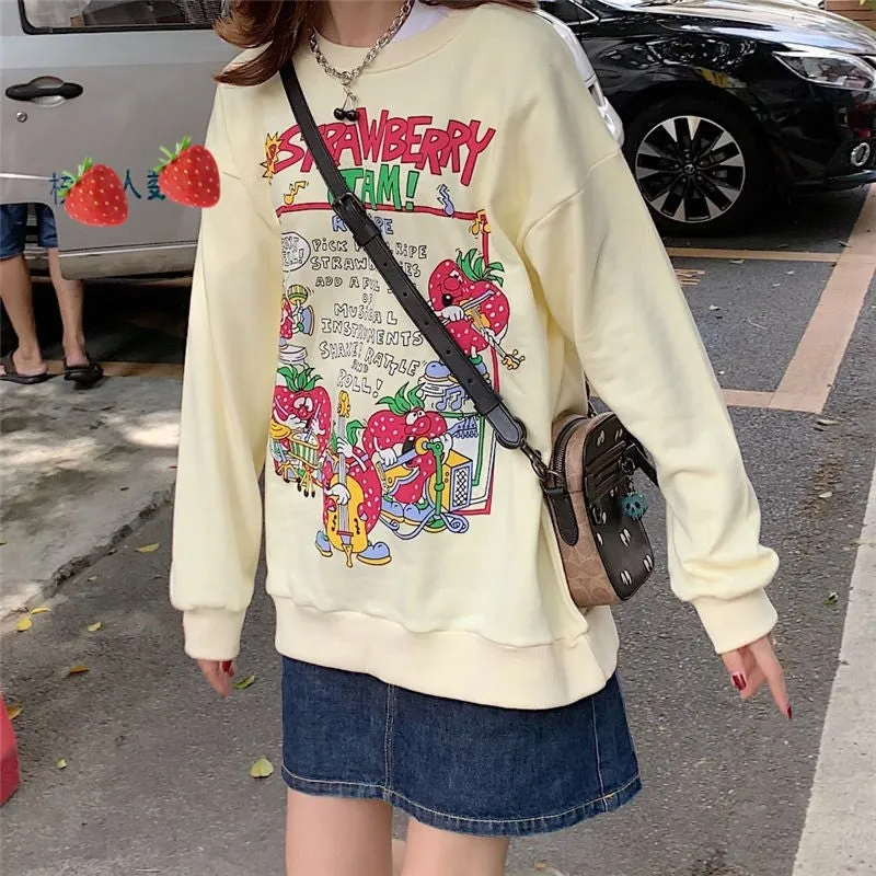 Amozae Harajuku Oversized Strawberry Print Hoodie Women O Neck Loose Vintage Clothes Top Streetwear Sweatshirts Graphic Cute Pullover