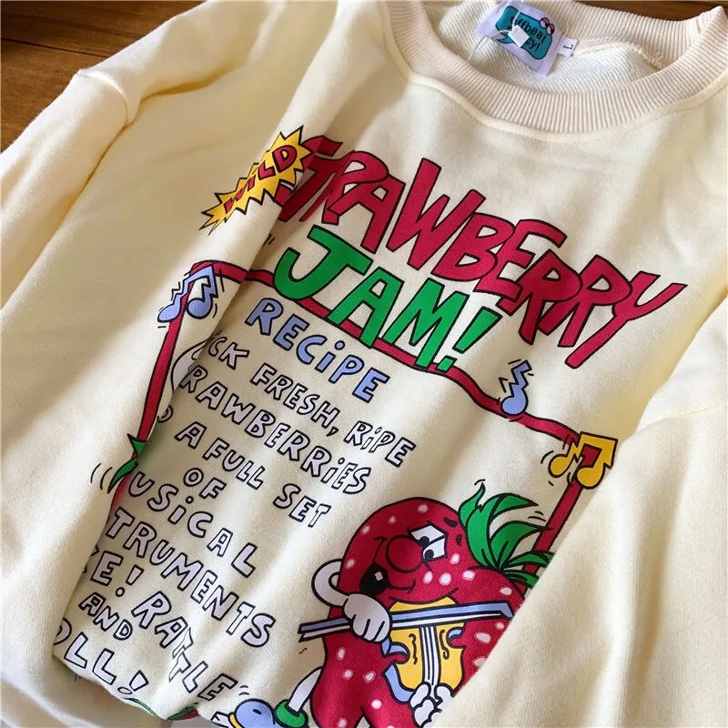 Amozae Harajuku Oversized Strawberry Print Hoodie Women O Neck Loose Vintage Clothes Top Streetwear Sweatshirts Graphic Cute Pullover