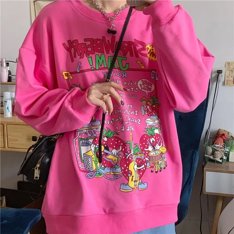 Amozae Harajuku Oversized Strawberry Print Hoodie Women O Neck Loose Vintage Clothes Top Streetwear Sweatshirts Graphic Cute Pullover