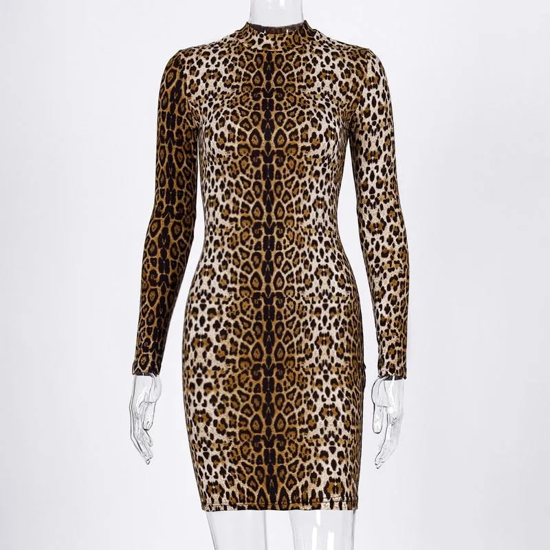 Amozae--hoco dresses  Leopard Print Long Sleeve Slim Bodycon   Dress   Autumn Winter Women Streetwear Party Festival Dresses Outfits