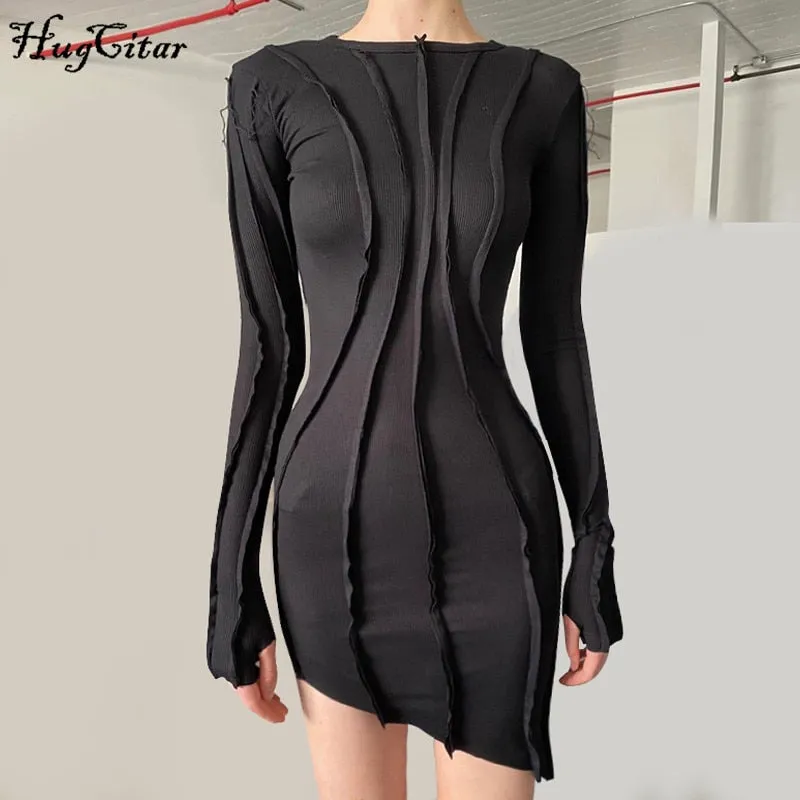 Amozae-hoco dresses  Long Sleeve Patchwork   Mini Dress   Autumn Winter Women Fashion Irregular Party Outfits