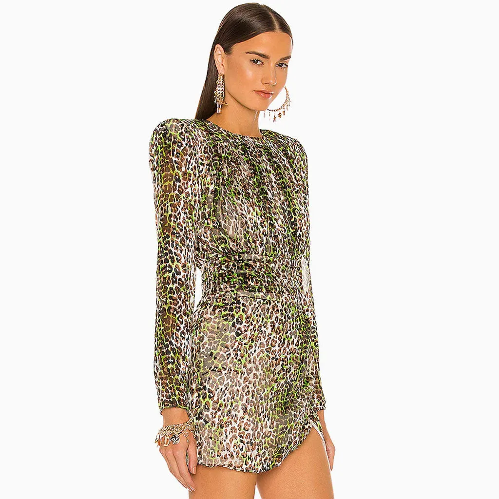 Animal Print Shoulder Pad Long Sleeve Cocktail Mini Dress - Leopard