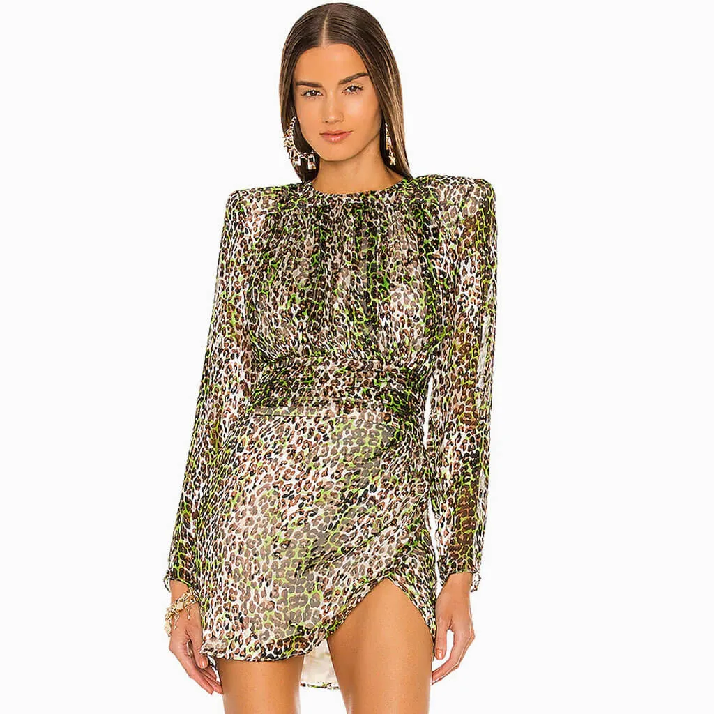 Animal Print Shoulder Pad Long Sleeve Cocktail Mini Dress - Leopard