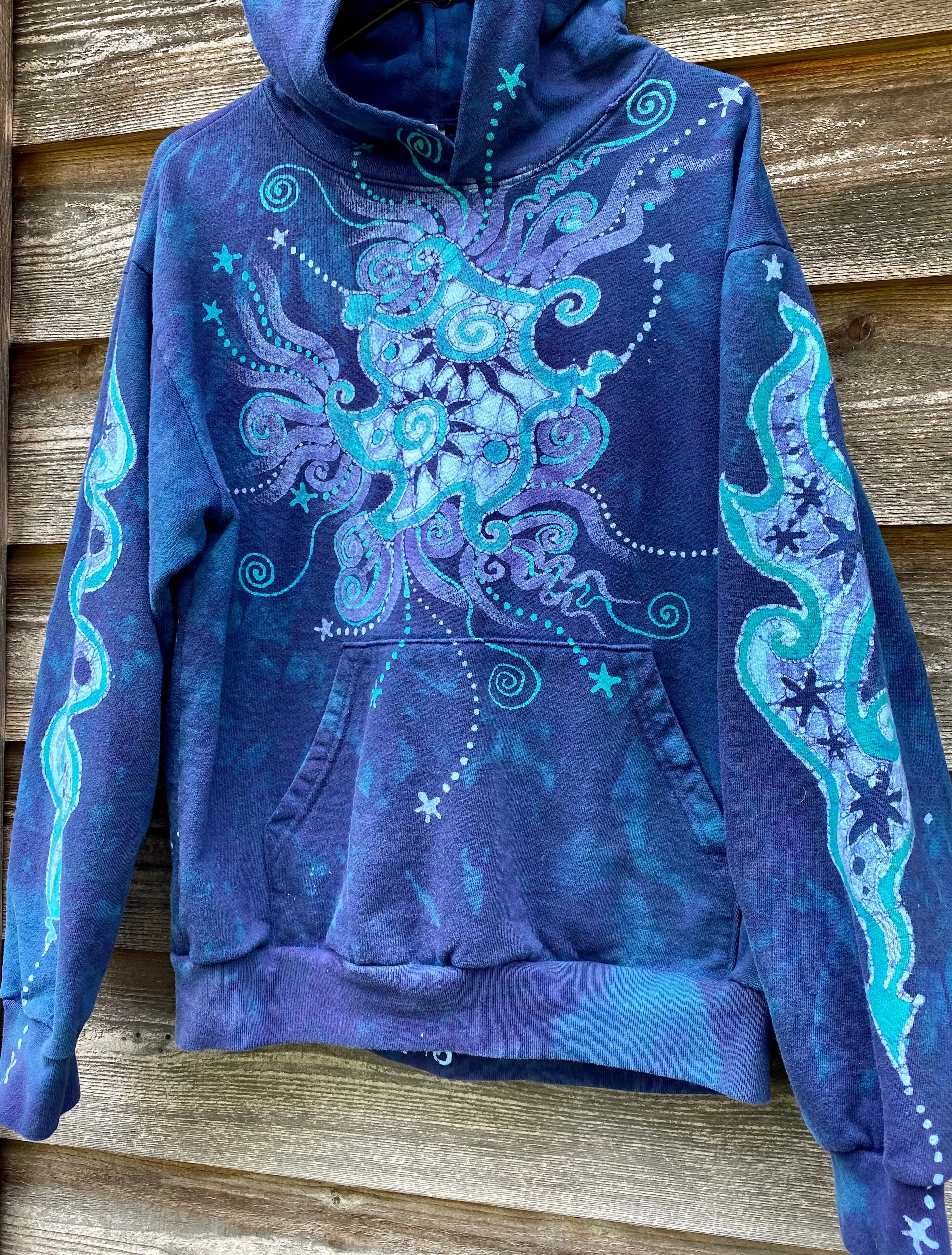 Aqua Serene Moon and Stars - Handcrafted Batik Pullover Hoodie - Size SMALL Unisex