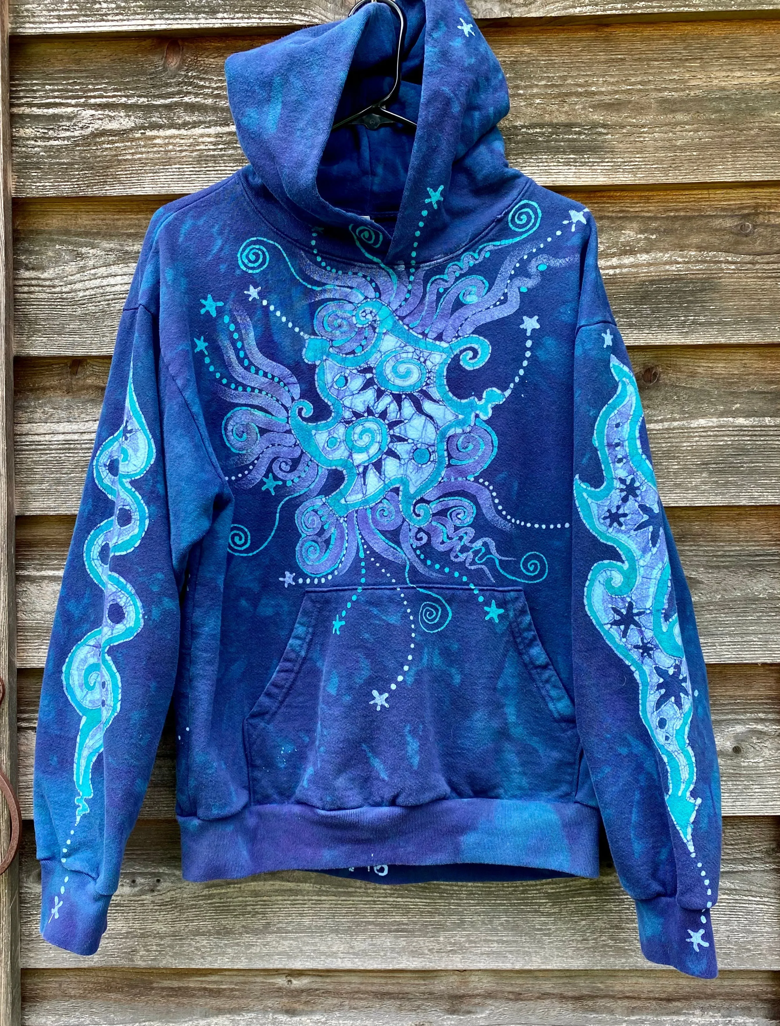 Aqua Serene Moon and Stars - Handcrafted Batik Pullover Hoodie - Size SMALL Unisex