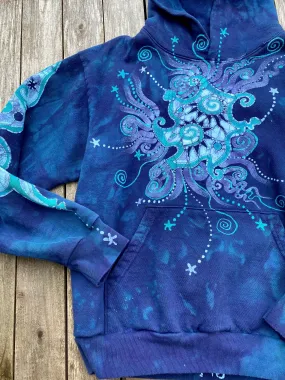 Aqua Serene Moon and Stars - Handcrafted Batik Pullover Hoodie - Size SMALL Unisex