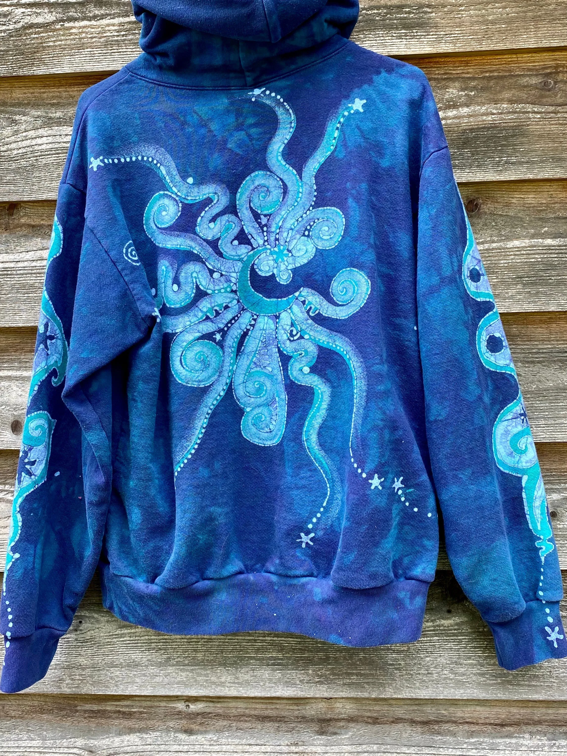 Aqua Serene Moon and Stars - Handcrafted Batik Pullover Hoodie - Size SMALL Unisex