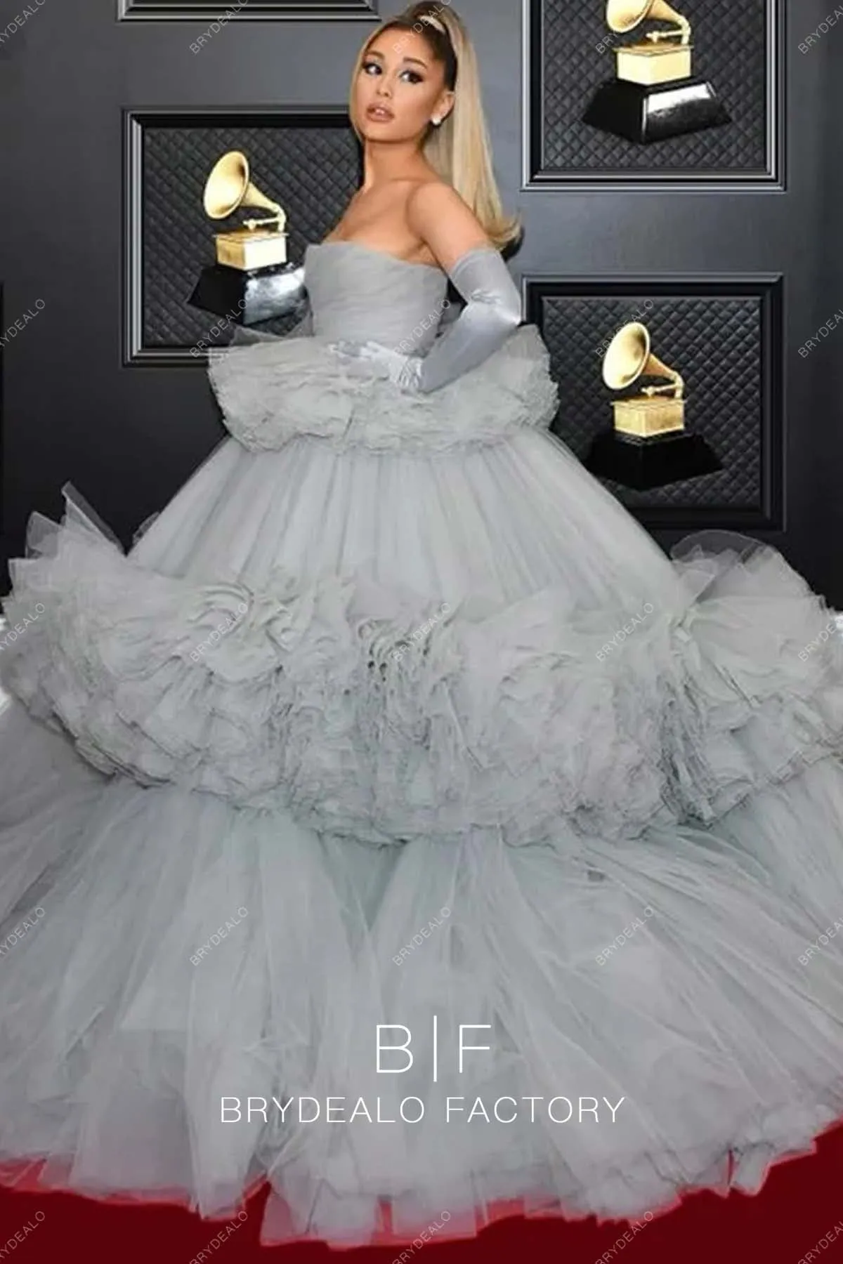 Ariana Grande Grey Celebrity Ball Gown Red Carpet Dress Grammys