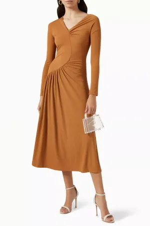 Asymmetrical Long Sleeve Ruched Detail Gradient Ribbed Jersey Midi Dress - Khaki