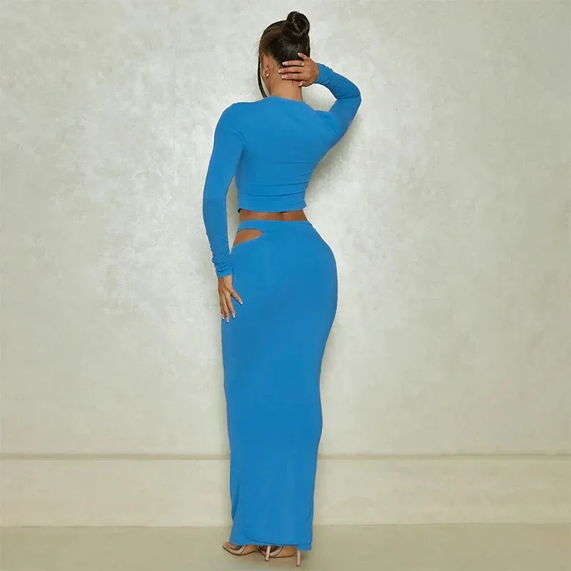 Autumn Winter Sexy Party Night Club Streetwear Cut Out Crop Top Long Skirt Sets Maxi Dress 2024