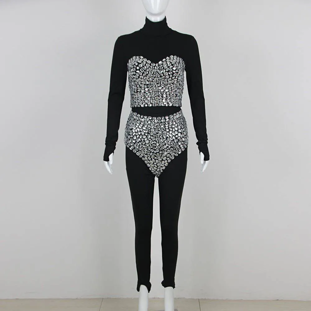 Avery High Neck Rhinestone Detail Pants Set