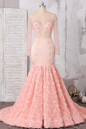 Beaded Sheer Peach Pink 3D Rose Trumpet Prom Gown