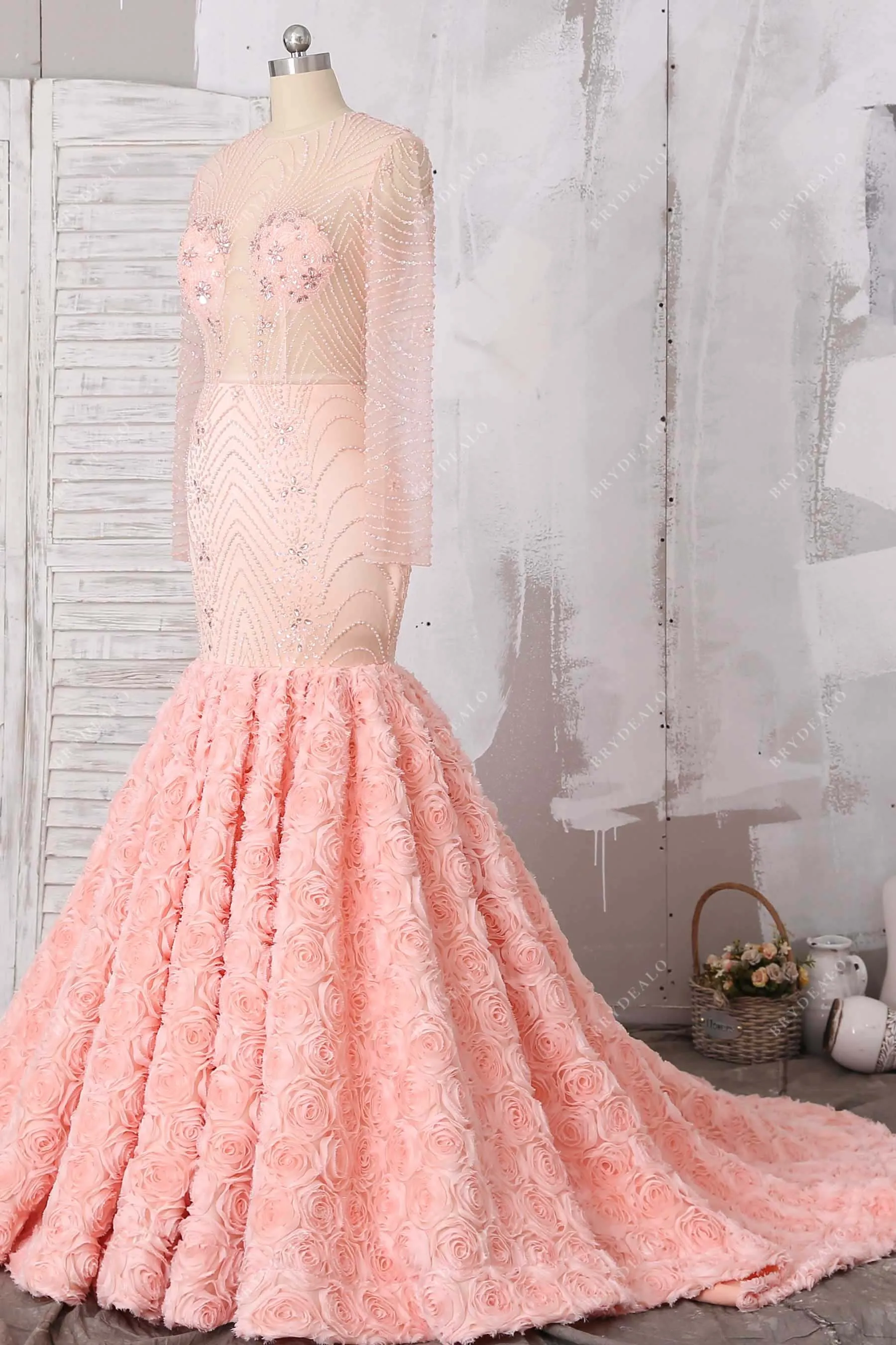 Beaded Sheer Peach Pink 3D Rose Trumpet Prom Gown