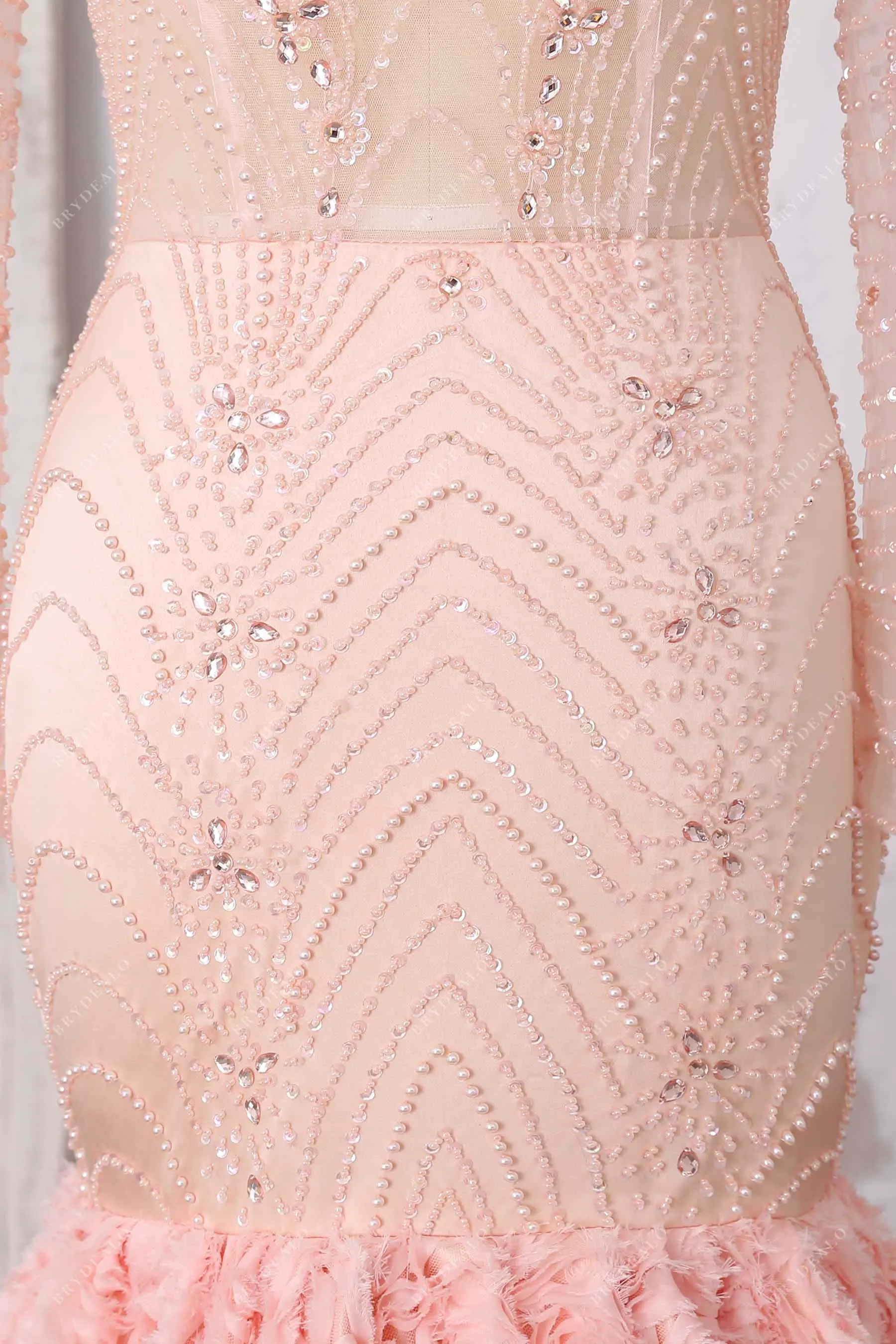 Beaded Sheer Peach Pink 3D Rose Trumpet Prom Gown