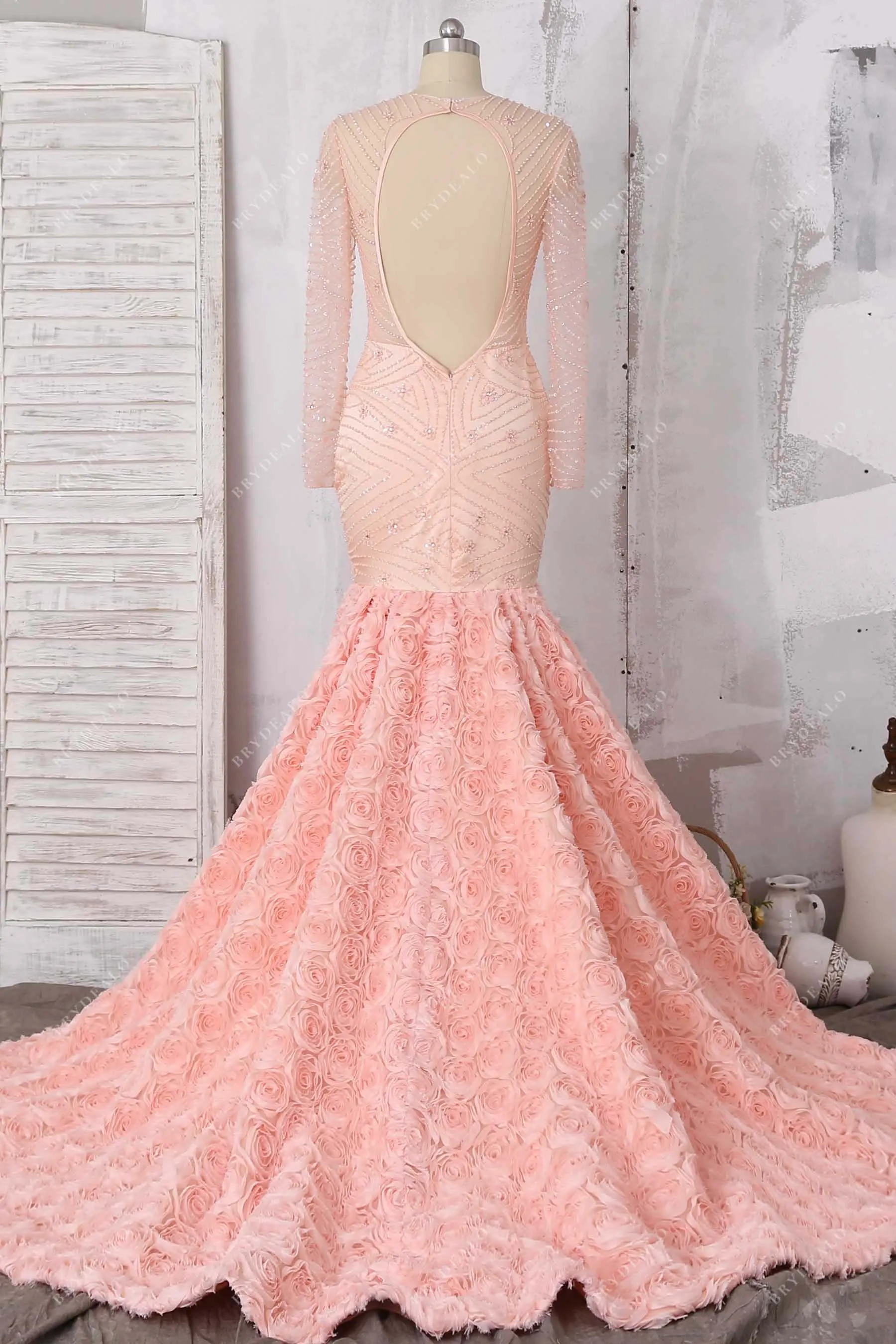 Beaded Sheer Peach Pink 3D Rose Trumpet Prom Gown