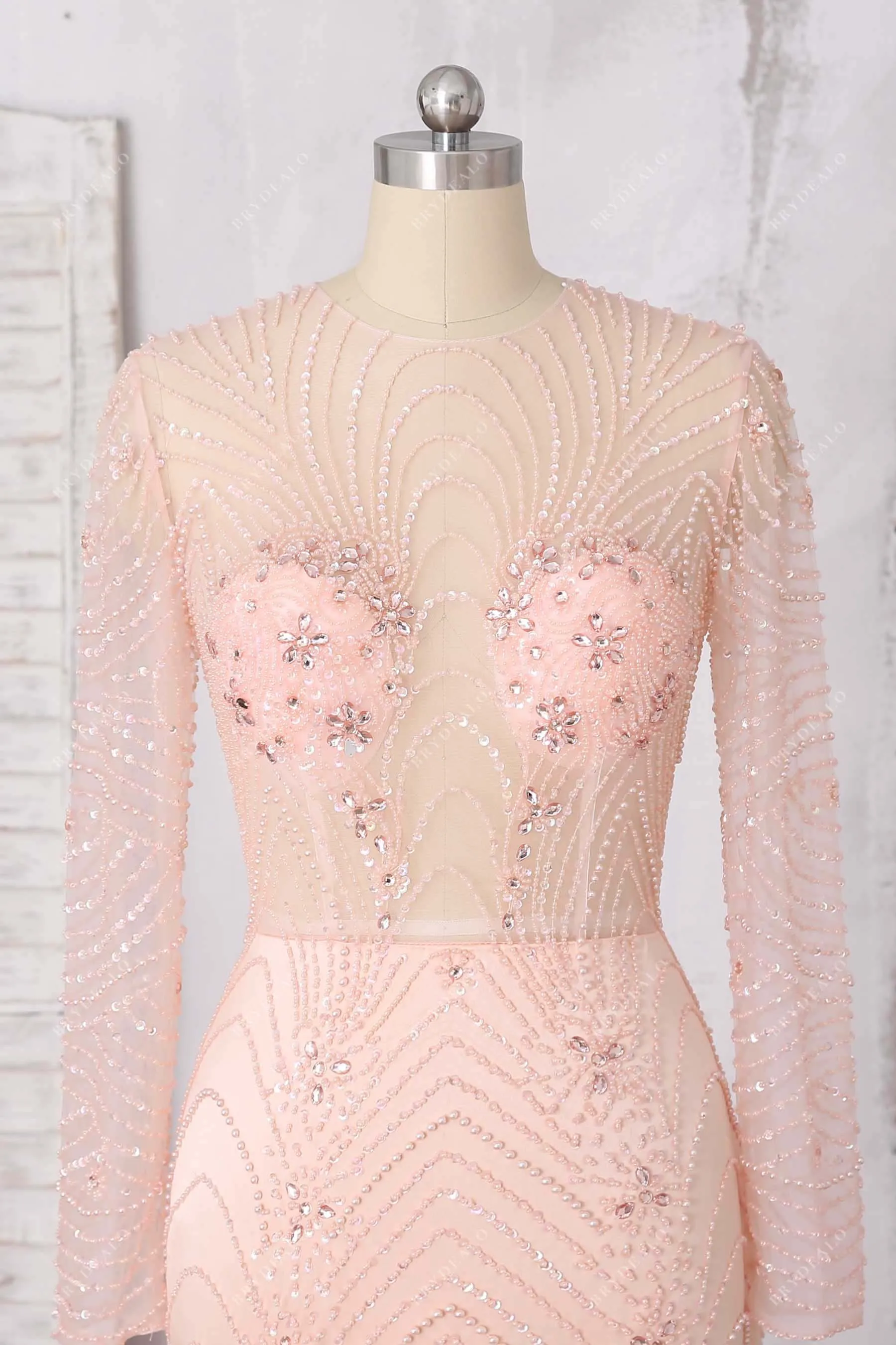 Beaded Sheer Peach Pink 3D Rose Trumpet Prom Gown