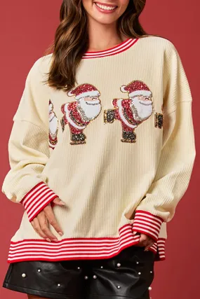 Beige Santa Skiing Graphic Striped Trim Corded Sweatshirt