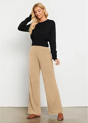 Beige Women's Casual Elastic Waist Full Length High Waisted Relaxed Fit Stretch Wide Leg Pants in Acrylic Fibers