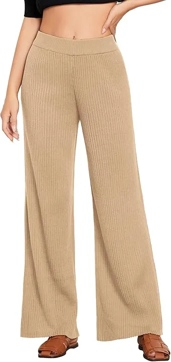 Beige Women's Casual Elastic Waist Full Length High Waisted Relaxed Fit Stretch Wide Leg Pants in Acrylic Fibers