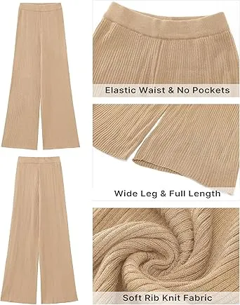 Beige Women's Casual Elastic Waist Full Length High Waisted Relaxed Fit Stretch Wide Leg Pants in Acrylic Fibers