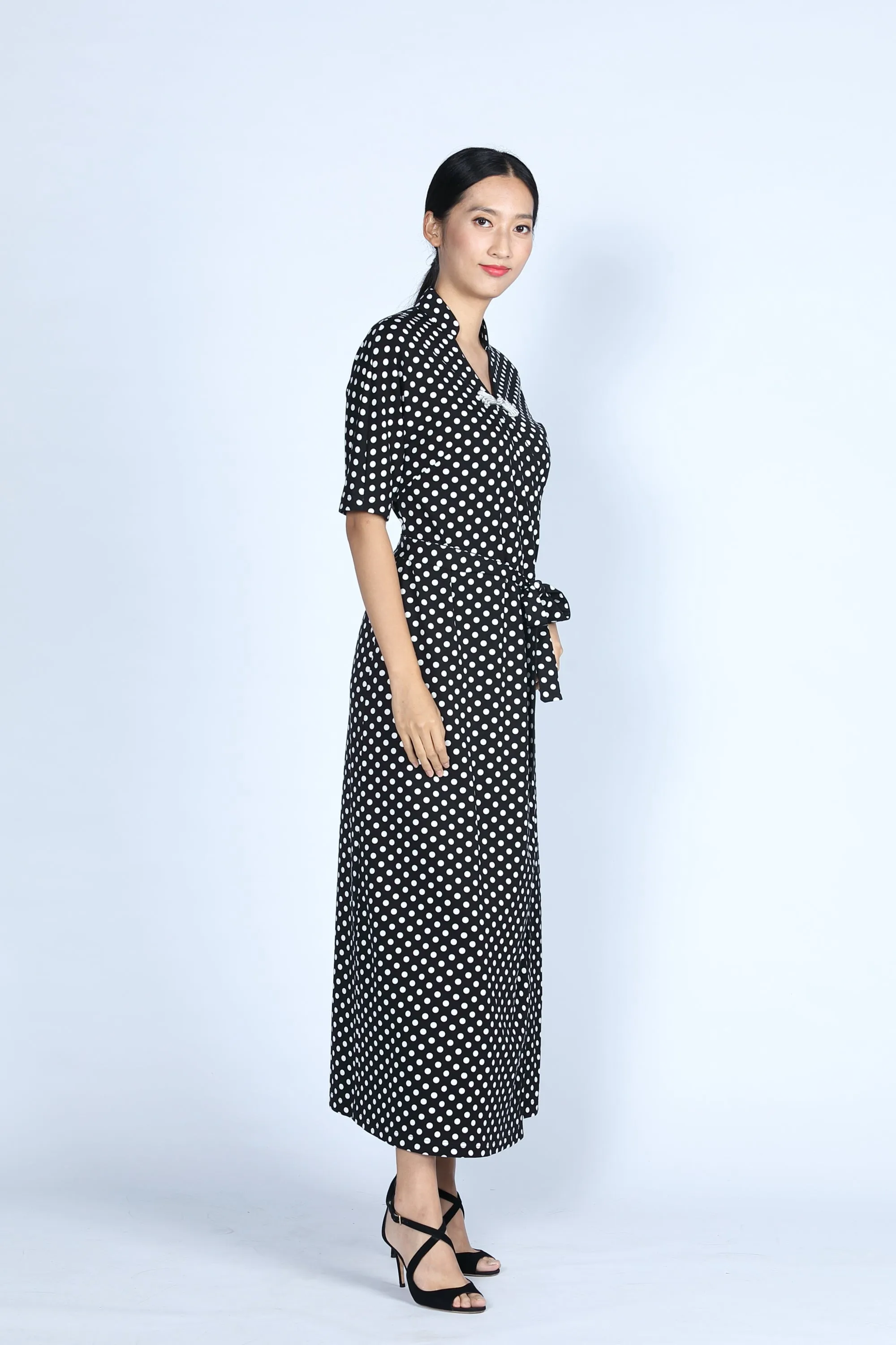 BIANCA Polka dot Long Wrapped Dress (Black/ White)