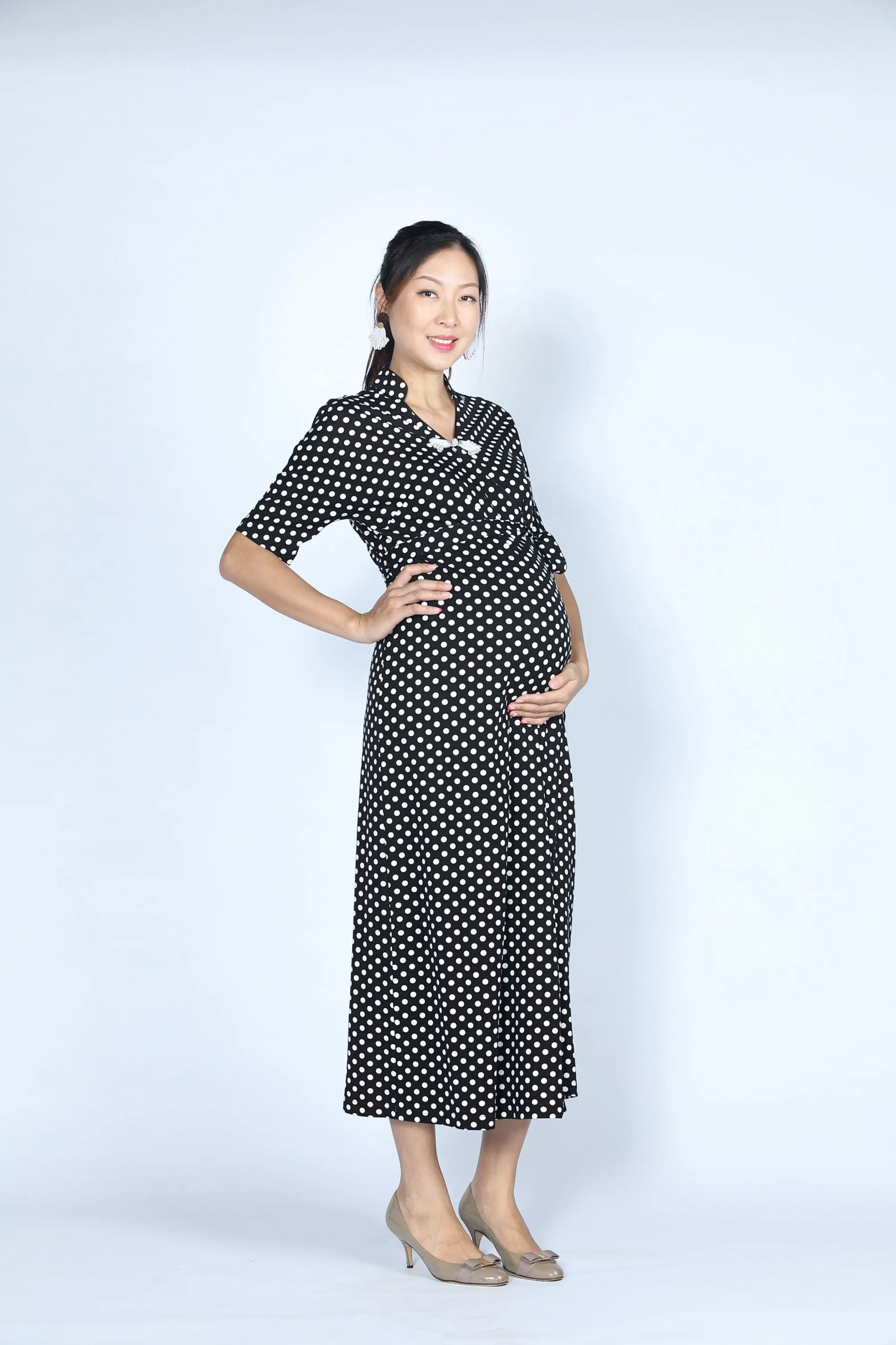 BIANCA Polka dot Long Wrapped Dress (Black/ White)