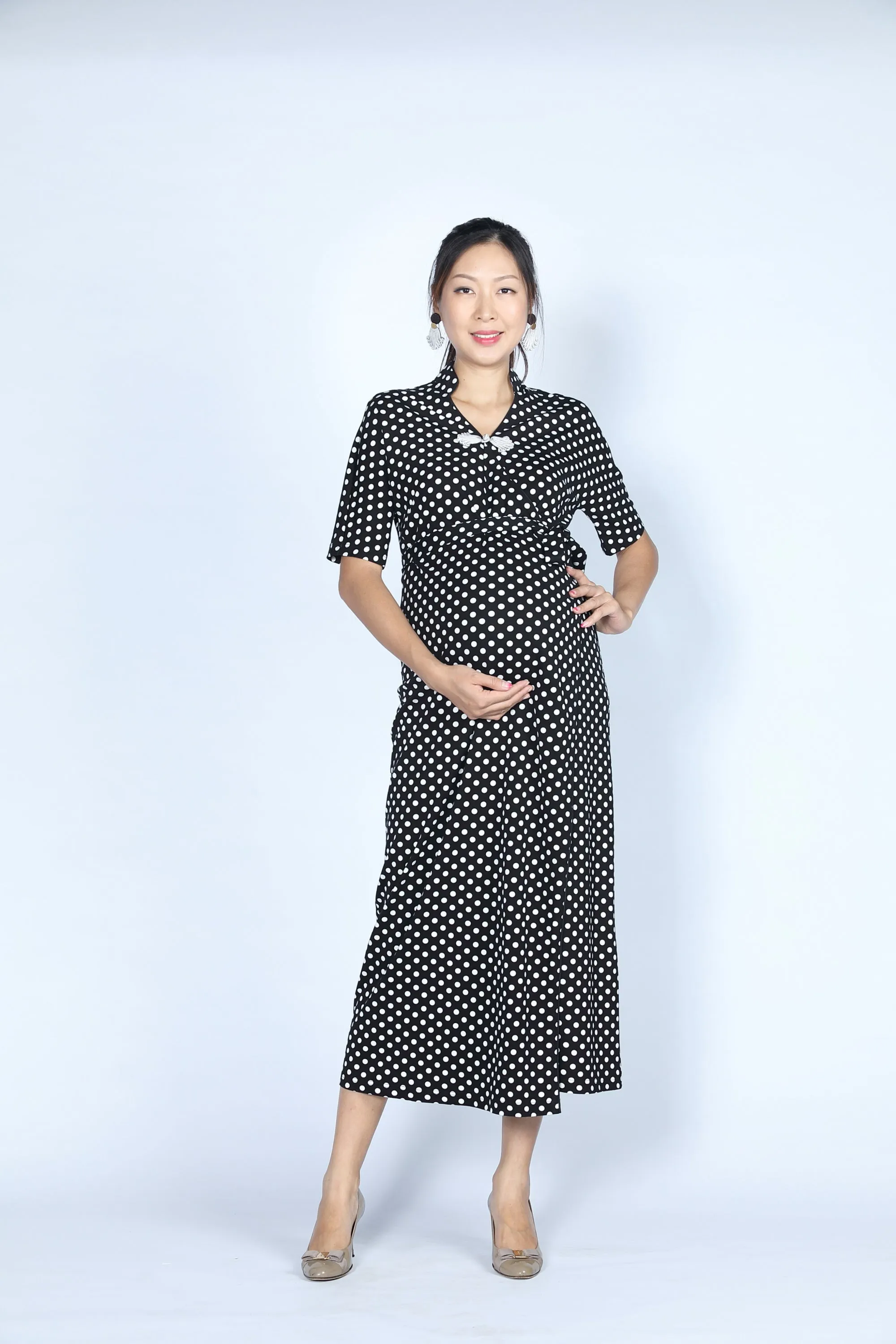 BIANCA Polka dot Long Wrapped Dress (Black/ White)