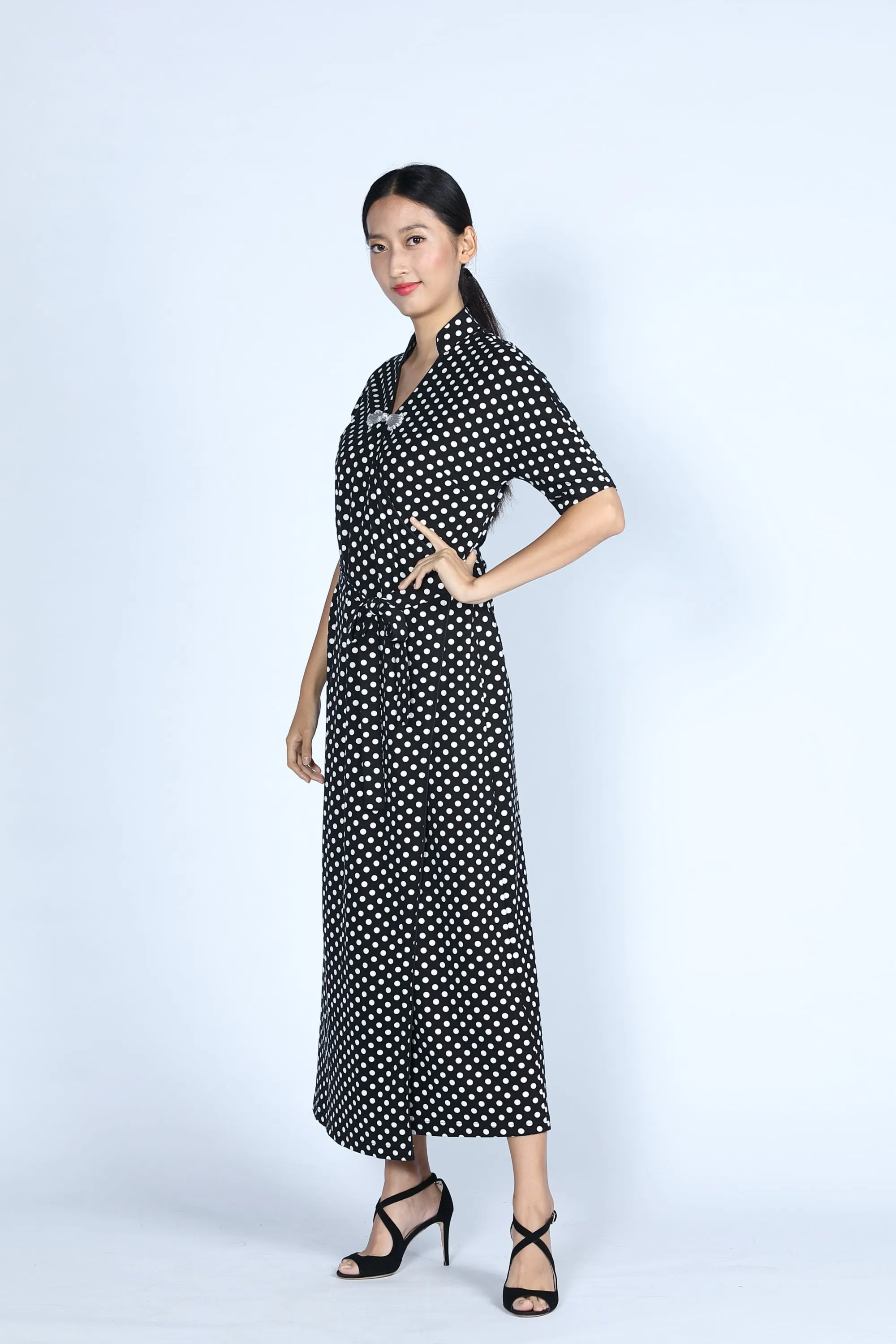 BIANCA Polka dot Long Wrapped Dress (Black/ White)