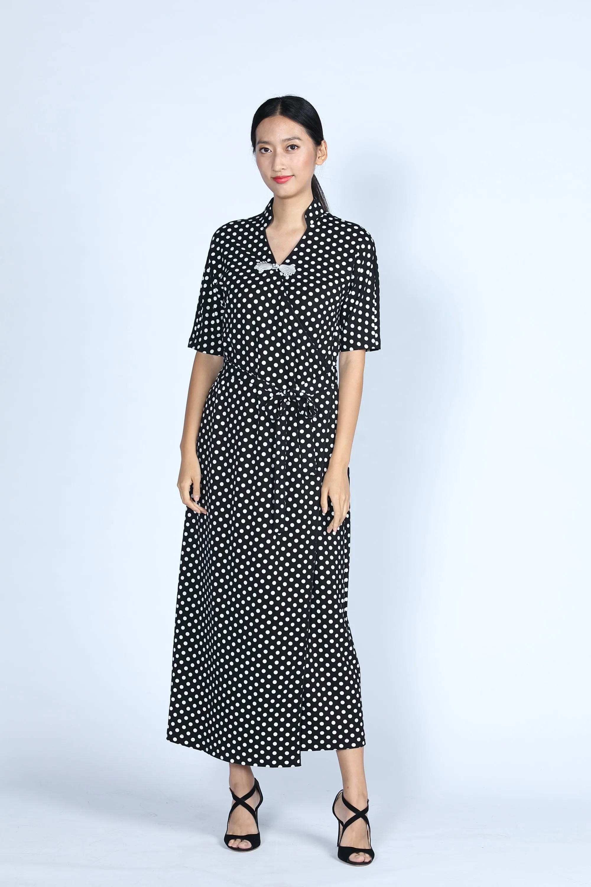 BIANCA Polka dot Long Wrapped Dress (Black/ White)