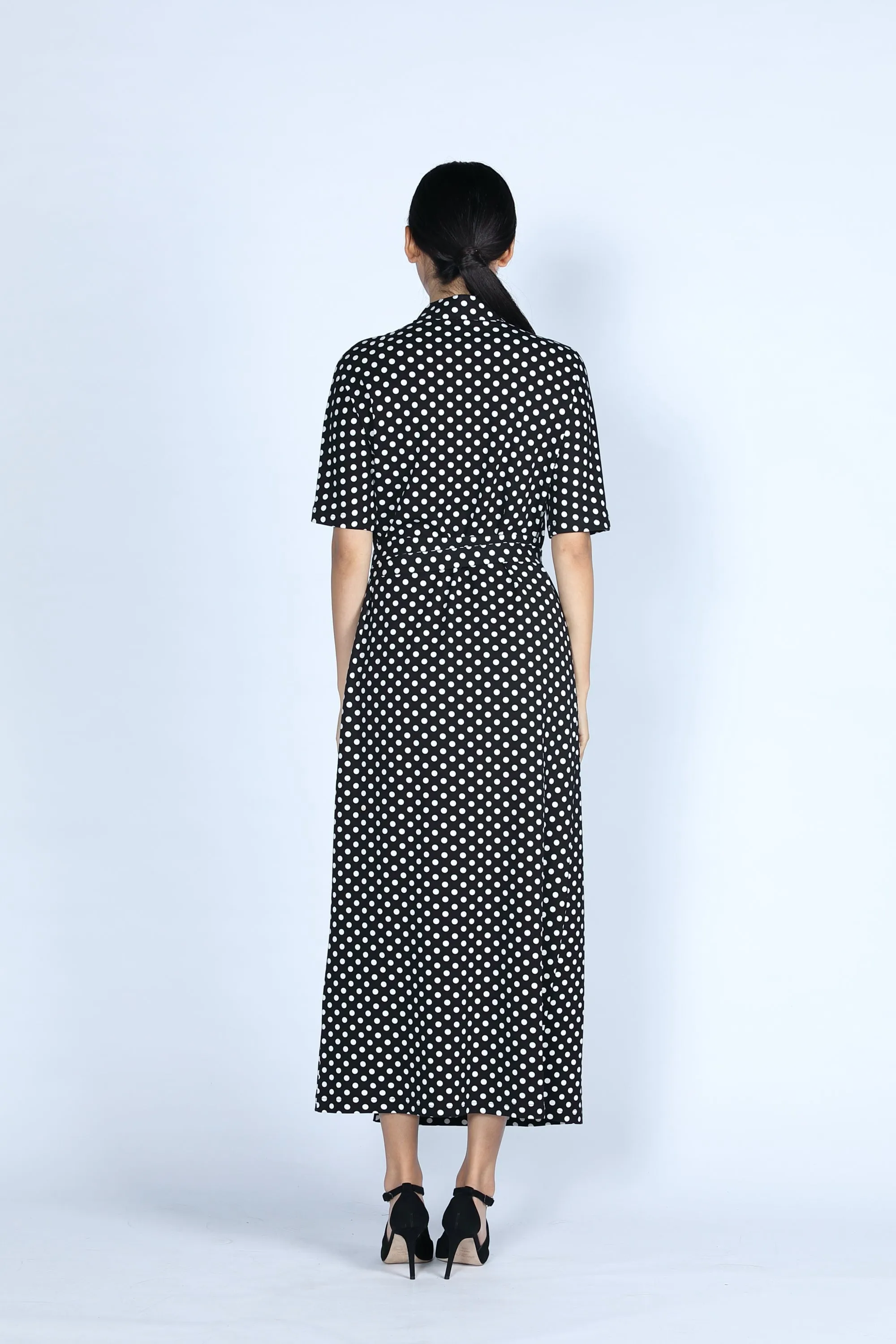 BIANCA Polka dot Long Wrapped Dress (Black/ White)