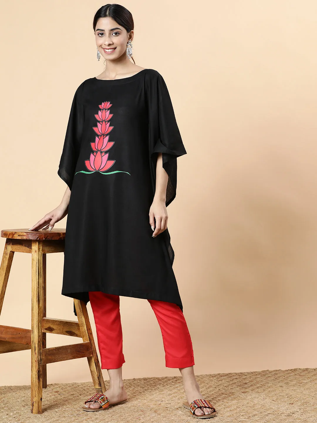 Black Rayon Long-Kaftan - Nelumbo