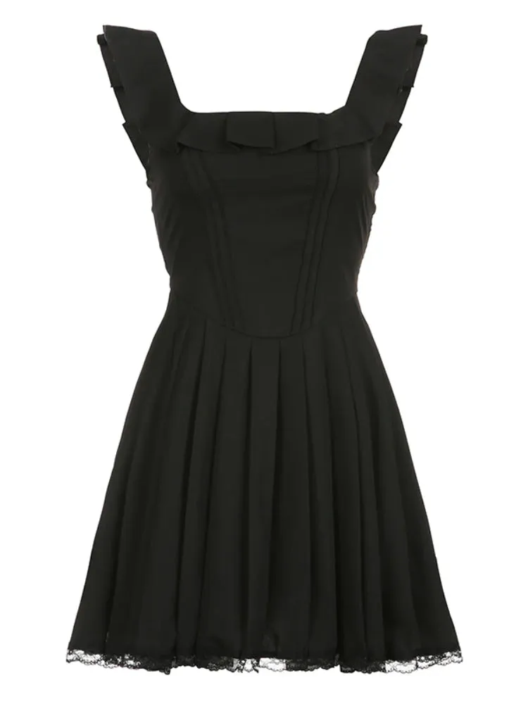 Black Ruffles  Sleeveless Lace Trim Dress