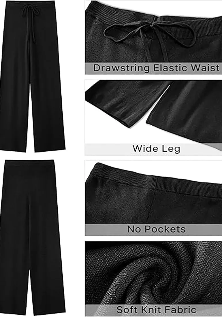 Black  Women's Full-Length Wide Leg Stretch Casual Pants Elastic Waist Relaxed Fit