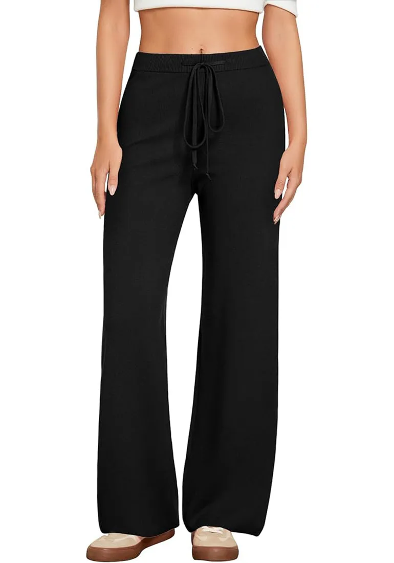 Black  Women's Full-Length Wide Leg Stretch Casual Pants Elastic Waist Relaxed Fit