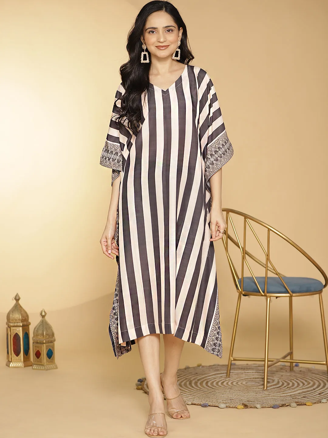 BlackStripes Muslin Printed LongKaftan