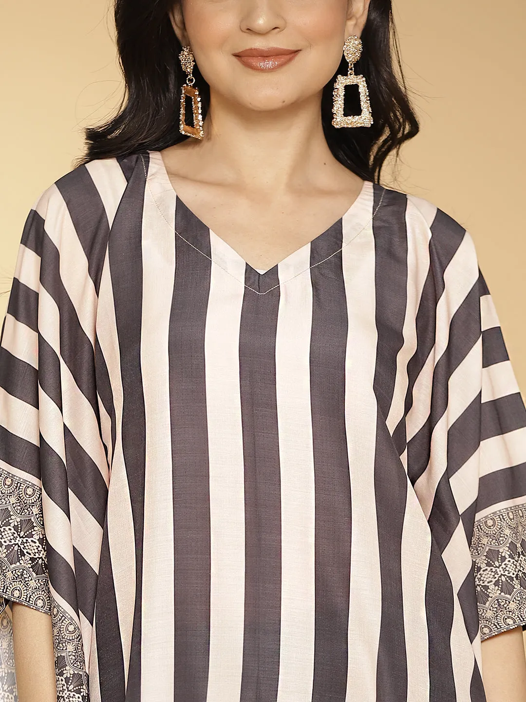 BlackStripes Muslin Printed LongKaftan