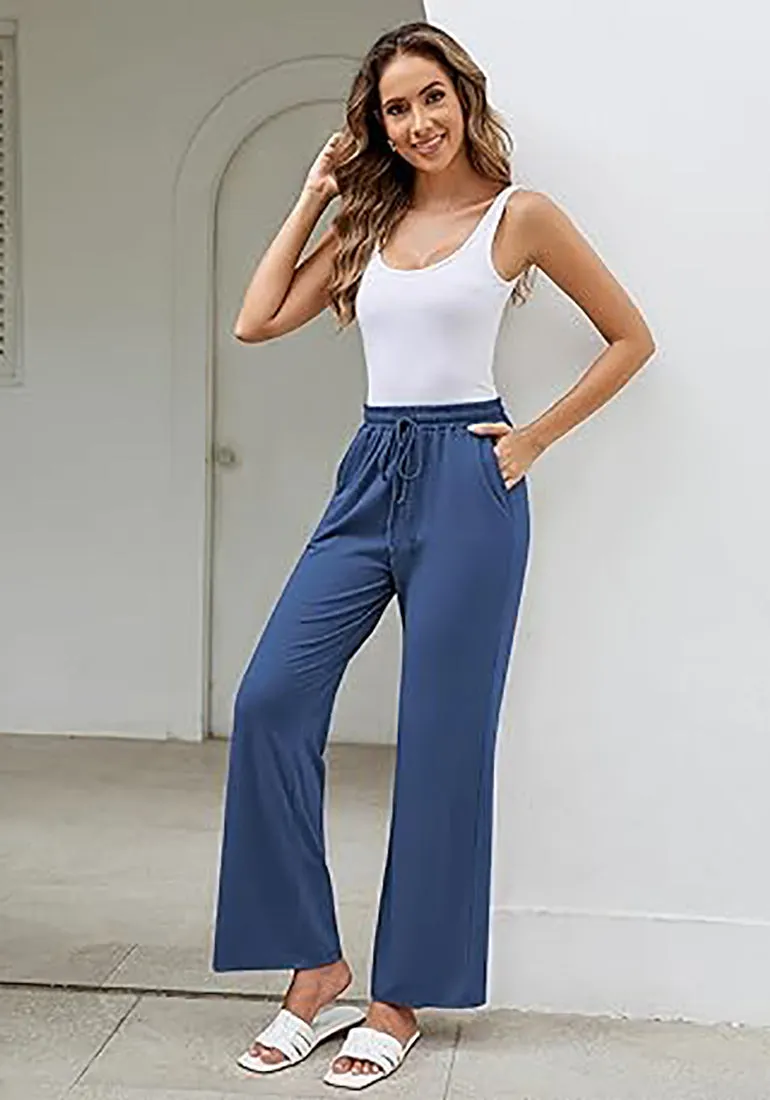 Blue  Women's Casual Elastic Waist Full Length Relaxed Fit Stretch Wide Leg Pants Side Pocket