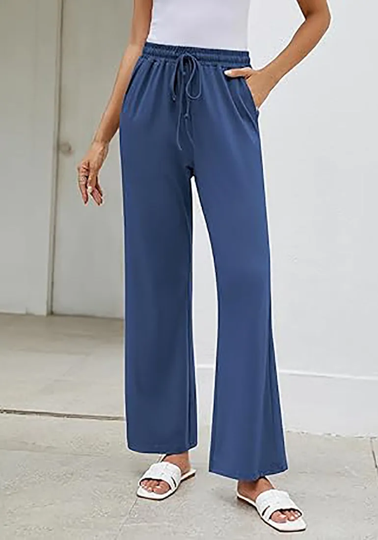 Blue  Women's Casual Elastic Waist Full Length Relaxed Fit Stretch Wide Leg Pants Side Pocket