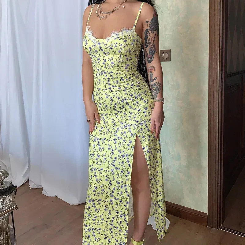 Boho Split Thigh Sleeveless Floral Print A Line Midi Dress for Women's Summer Beach